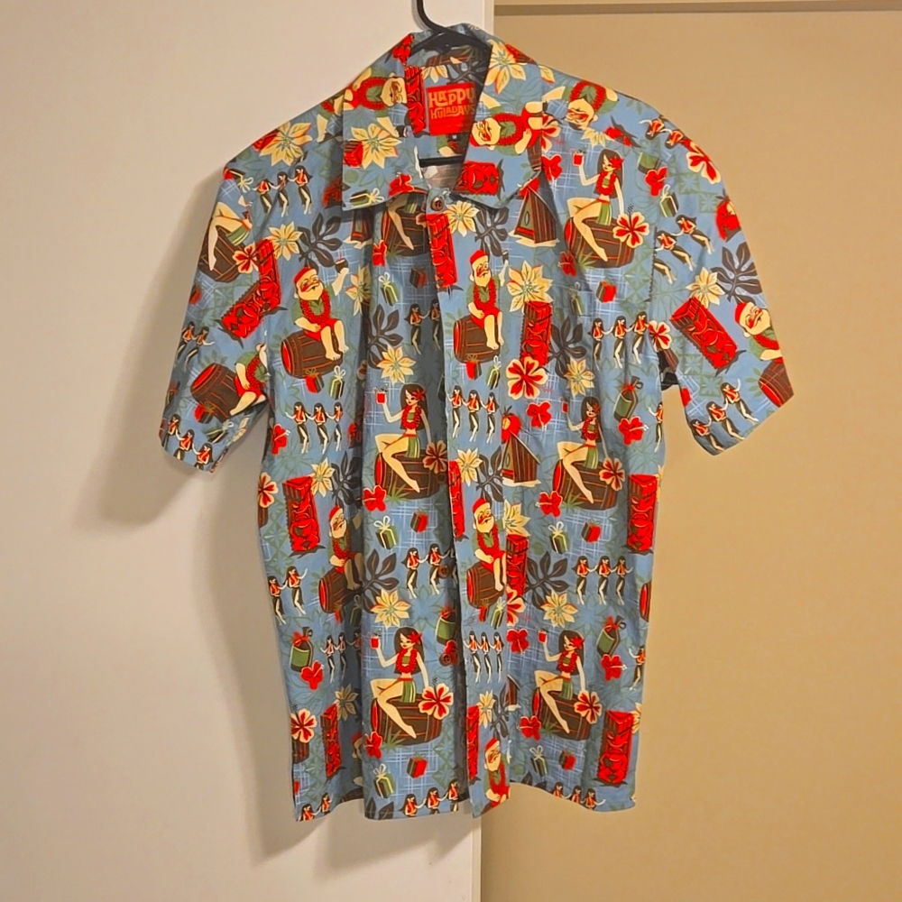 Hilo Hattie Blue Hawaiian Print Men's Dress Shirt